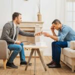 Male patient being comforted and given a glass of water by counsellor