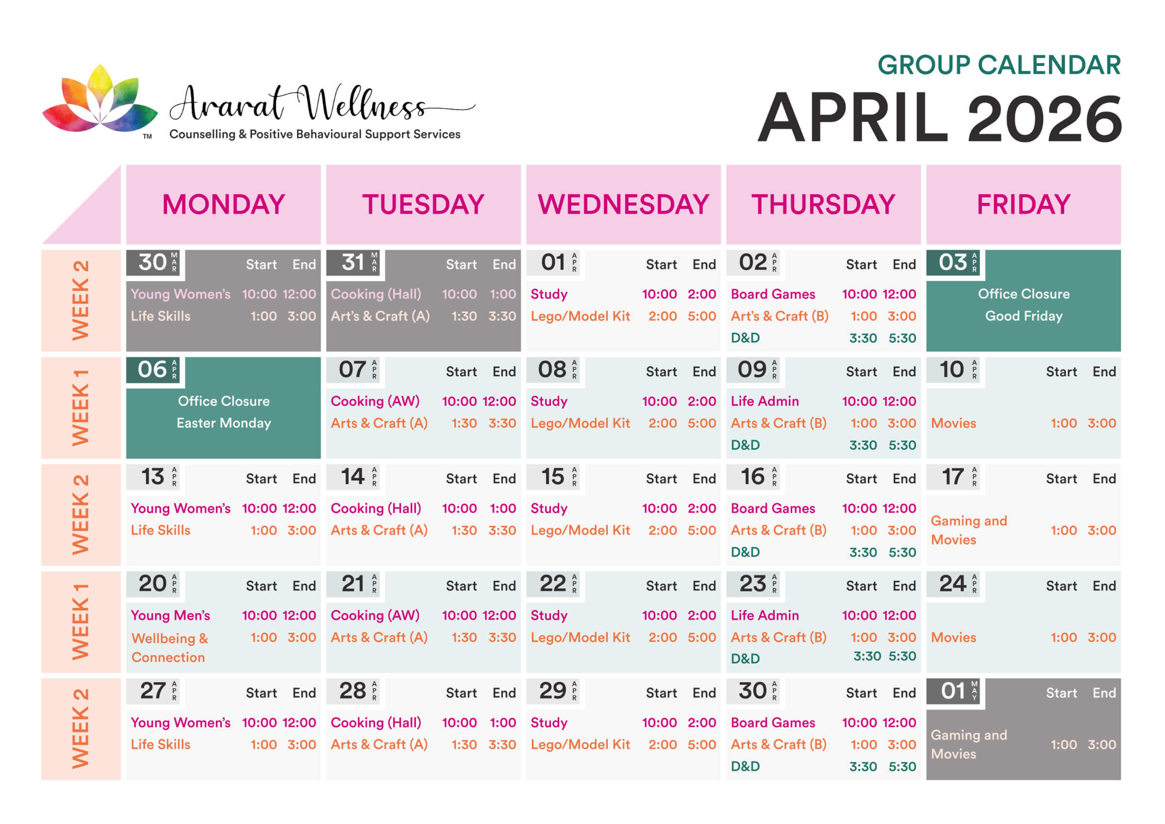 April 2026 group calendar for Ararat Wellness displaying weekly schedules for activities like arts & crafts, movie sessions, and study groups, including office closures for holidays.