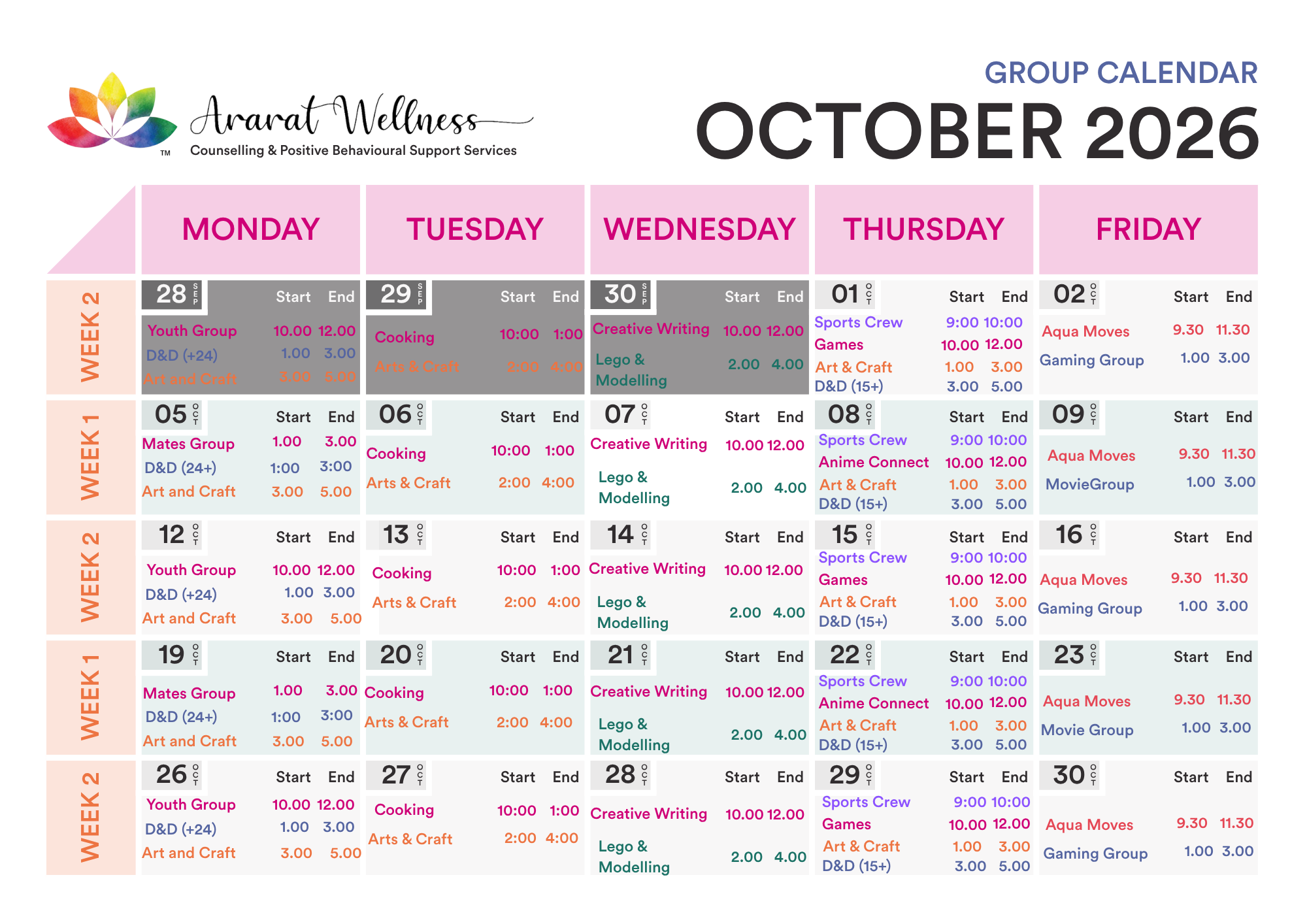 October 2026 group activity calendar for Ararat Wellness, listing scheduled classes and times for each weekday, color-coded by week and activity type.