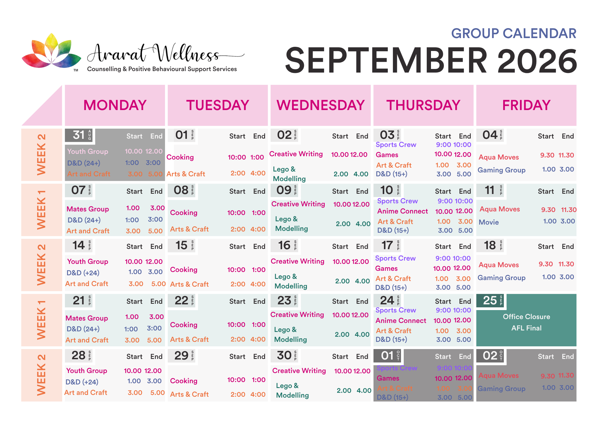 A calendar for Ararat Wellness group activities in September 2026, showing daily sessions such as art, sports, creative writing, and gaming, color-coded by type and week.