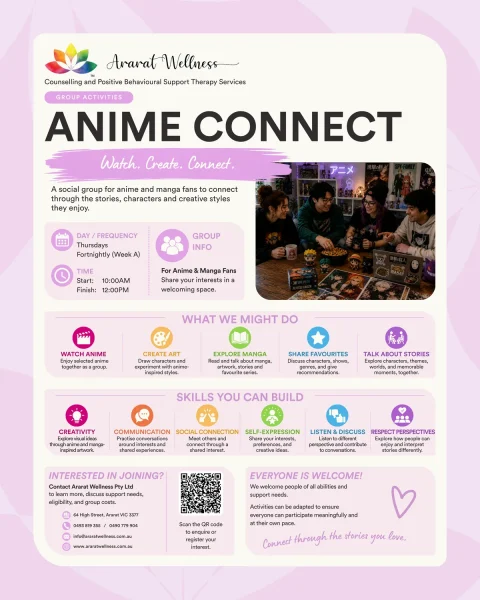 A group of people sit around a table with anime and manga items, engaging in discussion and activities at an “Anime Connect” social group event.