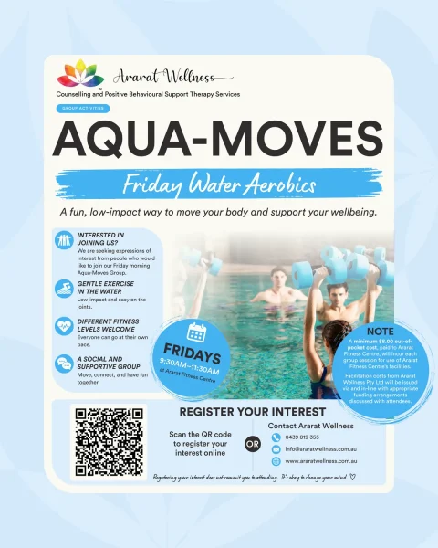 Flyer for “Aqua-Moves” Friday water aerobics class at Ararat Wellness, includes details, QR code, photo of woman exercising in a pool, and contact information.