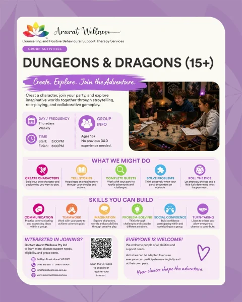 A group of teens play Dungeons & Dragons at a table. The flyer advertises a weekly D&D group for ages 15+, listing skills built and activity details on a purple background.