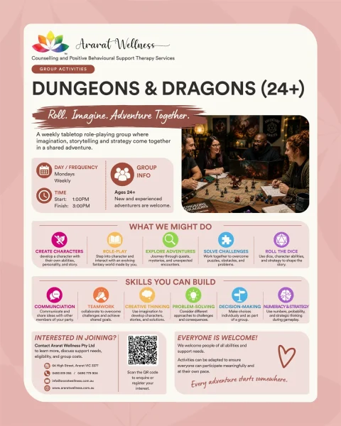 Flyer for a Dungeons & Dragons group activity for adults 24+, detailing meeting times, activities, skills built, and contact information, with images of people playing the game.