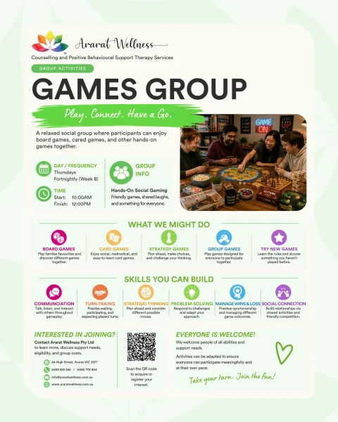 A group of people sit around a table playing board games, with game boxes and playing cards visible, promoting a social games group event.