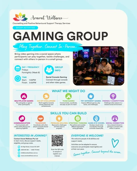 Flyer for a social gaming group showing people playing video games together, with event details, activities offered, and benefits listed in colorful sections.