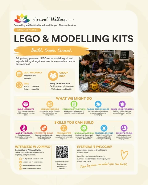 Flyer for a LEGO and modelling kit group, detailing session times, activities, skills developed, and inclusivity message, with photos of children building models.