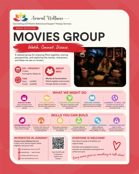 A flyer for a Movies Group at Ararat Wellness details session times, activities, and benefits for attendees, including skill building, social connection, and joining information.