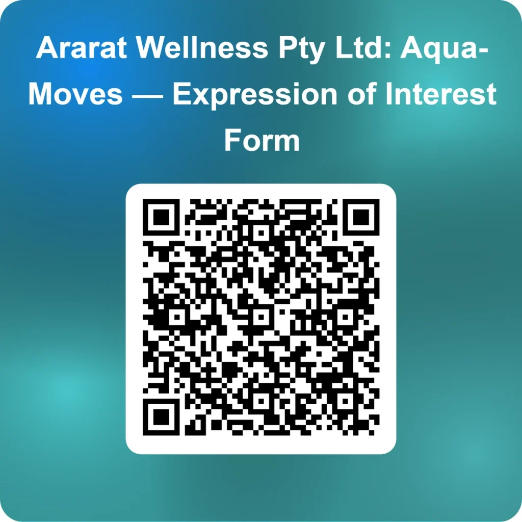 QR code on a blue-green background for Ararat Wellness Pty Ltd: Aqua-Moves Expression of Interest Form.