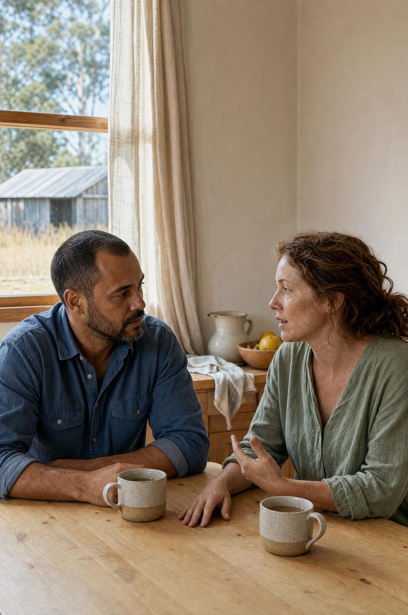 Couple talking together at a kitchen table while working through relationship counselling in Ballarat